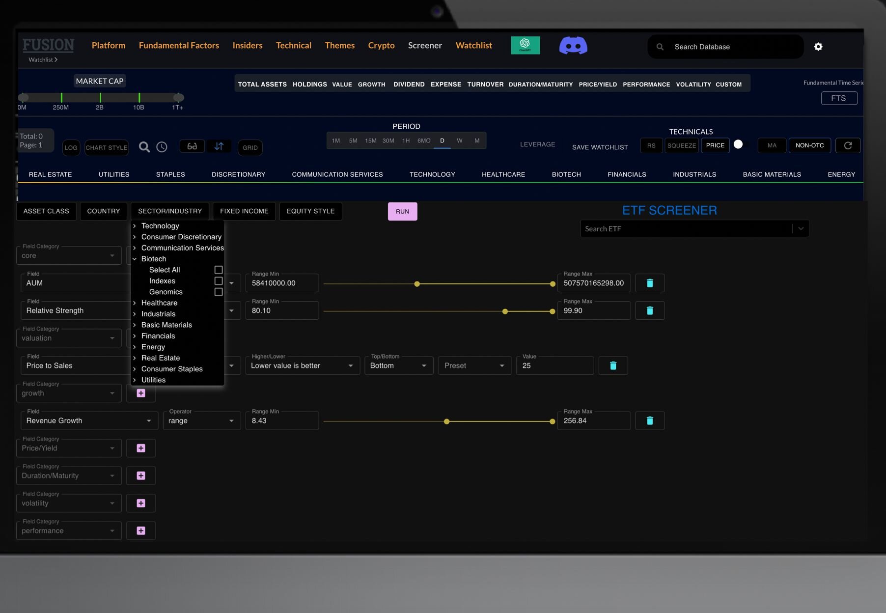 ETF Screener on Fusion platform